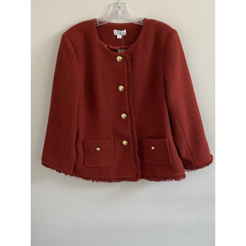 NWOT Joan Rivers Red Tweed Fringe Blazer Jacket Gold Buttons Womens   Size 14 - Picture 7 of 7